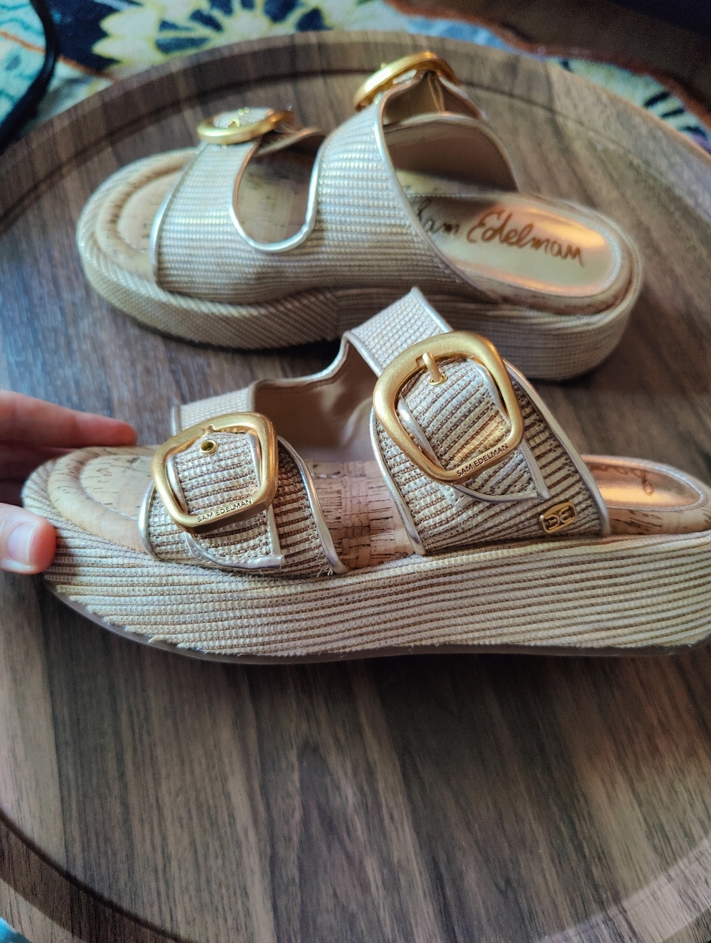 Sam Edelman Tan Textured Platform Double-Buckle Sandals